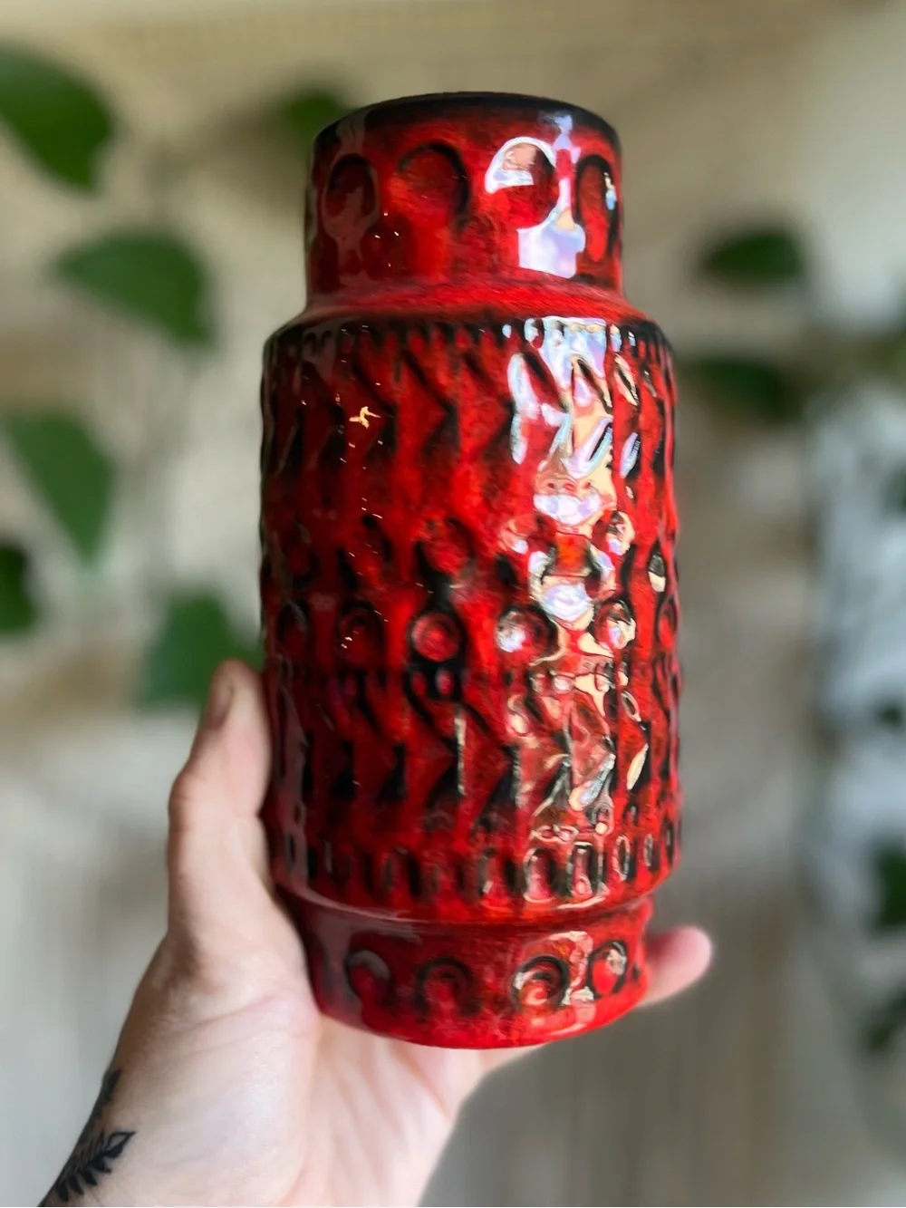 Vintage West Germany Red Lava Vase Mid Century Modern Pottery Fat Lava Ceramic